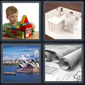 boy playing with blocks, architect model of house white, Sydney Opera House in Australia, blueprints for building