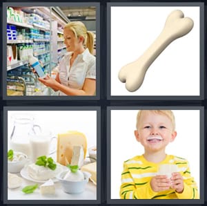 woman in pharmacy buying vitamins, bone on white background, different types of cheese, boy with glass of milk