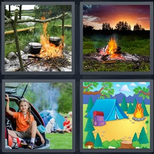 cooking food over open fire, flames burning with sunset, family camping trip, cartoon tent