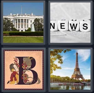 White House in Washington DC, word spelling news on dice, letter B in storybook, Eiffel Tower in Paris
