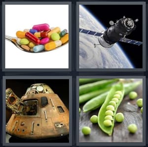 medicine pills on spoon, space shuttle orbiting Earth, space module like submarine, peas in pod