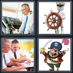 pilot at keel of ship, cartoon of man with ship wheel, sailors at table plotting course, cartoon pirate with sword