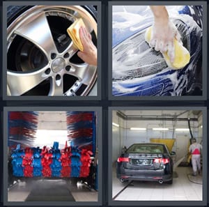 polishing tire wheel hub silver, scrubbing headlights with soap, washing car, cleaning car with hose