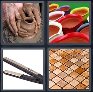 clay on wheel, pottery bowls, curling or straightening iron, tiles for patio