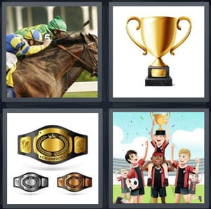 horse jockey racing, gold trophy, wrestling belts, team winning victory with trophy