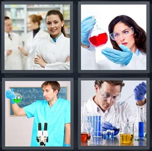 pharmacist choosing medicine, scientist with beaker red liquid mixing, doctor with green beaker and microscope, scientist doing experiment