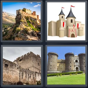 cliff with castle on hill, cartoon castle with flags, stone castle medieval, towers in ancient castle with lawn