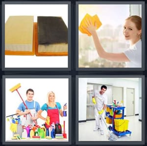 sponges for cleaning kitchen, woman washing windows, maid service with cleaning supplies, man mopping hallway