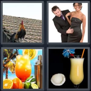 rooster on roof, couple with man touching belly, tropical alcoholic drink, pina colada