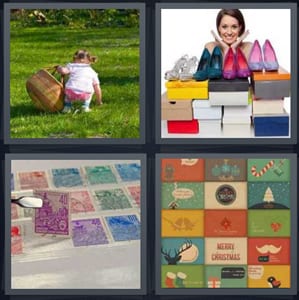 girl gathering things in yard, woman with shoe boxes, stamps in plastic cover, Christmas card stamps