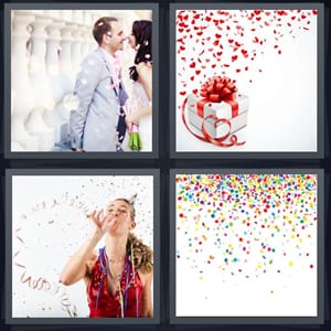 bride and groom at wedding with flowers, red sparkles around gift wrapped in ribbon, woman at party with hat and streamers, colorful paper decorations