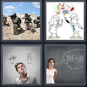 soldiers with guns fighting war, couple having argument, man making decision angel devil, woman deciding about family