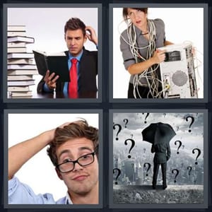man studying with books, woman with computer and cords, man thinking with glasses, question marks raining on umbrella