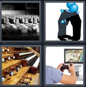 sound mixing board with buttons, man comforting another man, organ piano player, man playing video game with TV