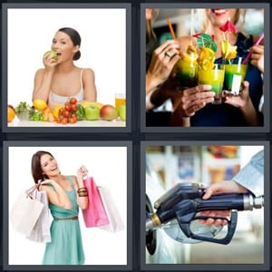 woman at table eating fruit, group of women cheers to cocktails, woman with shopping bags, putting gas in car tank