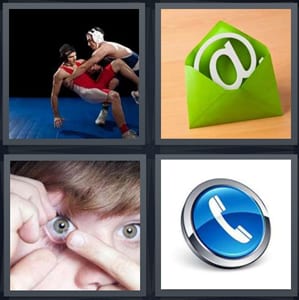 wrestlers on mat, @ in envelope email, putting lens in eye, blue button with phone icon