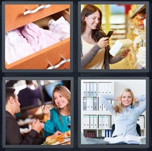 clothes in dresser drawer, woman taking photo of product at store, people on date eating dinner, happy woman at work desk