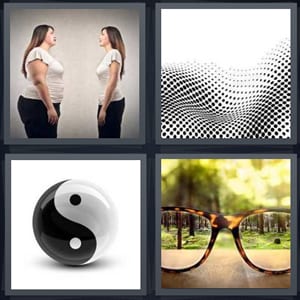 opposite women fat and thin, black and white dot pattern, yin yang symbol, glasses seeing view clearly