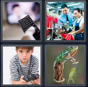 remote for TV, teaching how to sew, boy playing video game, iguana with puppet
