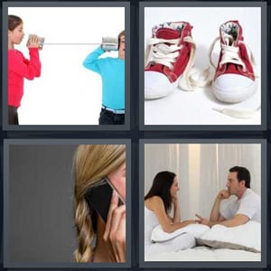 kids playing with toy telephone, red kid sneakers, woman talking on cell phone, couple in bed having discussion