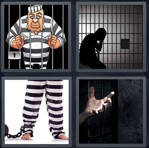 cartoon jail, man in prison in shadow, prisoner with ball and chain, hand behind bars reaching