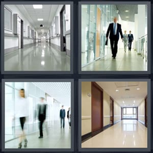 floor in hospital, man walking down hallway, people rushing walk in hallway, wooden doors to rooms in hallway