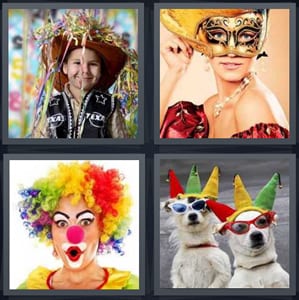 boy dressed as funny cowboy, woman wearing masquerade mask, woman dressed as funny clown, dogs wearing jester hats