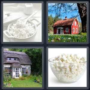 crumbled cheese in bowl, red barn house in field, cute house in woods, bowl of unflavored popcorn