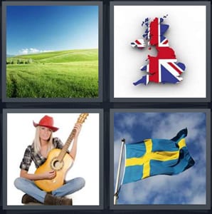 green field on farm, Union Jack flag on map of Britain, woman guitarist in cowboy hat, Scandinavian flag with blue sky