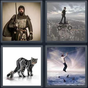 medieval knight in shining armor, daredevil on motorcycle tightrope above city, mouse grabbing cat tail, man hanging from tightrope over sharks