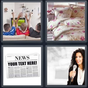 friends watching sports game, bed with flower comforter, news text here, woman speaker with microphone