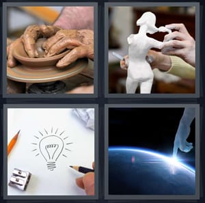 person using pottery wheel with wet clay, sculptor making statue, idea on paper with pencil, finger of god touching Earth