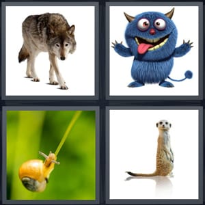 wolf on white background, blue cartoon monster, snail close up in forest, ferret with long tail