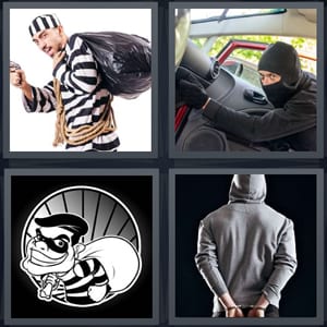 robber with rope and gun, bandit stealing from car, cartoon thief black and white, man in hoodie arrested handcuffs
