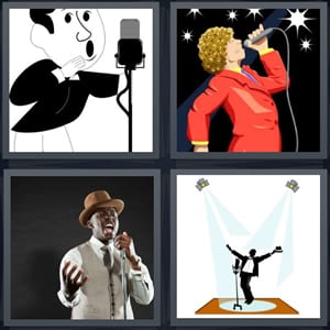 cartoon of old singer with microphone, disco singer with stars, jazz singer, performer on stage with spotlight