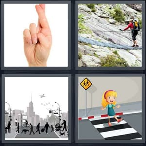 fingers making wish, hiker on drawbridge with pack, people walking across street in city, cartoon girl on crosswalk