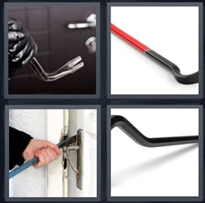 breaking into door using rod, metal rod with red handle, thief breaking into house, iron bar on white background