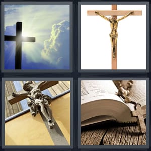 religious cross symbol with clouds, Jesus on cross, crucify Jesus Catholic, rosary and Bible