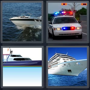speedboat on water with waves, police car with lights, ship on water, cruise ship with large deck