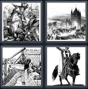 knight on horse, sketch of castle with people, ancient battle in black and white, knight on horse with cross on armor
