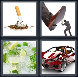 stubbed out cigarette with tobacco, large shoe stomping on small man, lime on ice, car with bent fender after accident