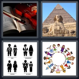 violin and music, Egyptian pyramids with Sphinx, traditional dress, people around the world