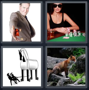 magician with dynamite in sleeve, woman gambler at poker table with chips, Trojan horse going into battle, fox in woods on stone