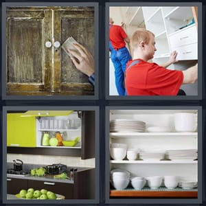 stripping old wood doors refinish, installing drawers in kitchen, kitchen styled in green and black, dishes on shelves white