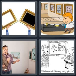 gold and black frames for art, cartoon man at museum looking at display, couple looking at art, cartoon making fun of art