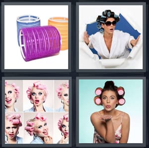 velcro rollers for hair, woman tearing through paper wearing sunglasses, model with rollers in hair, woman blowing kiss curling hair with rollers
