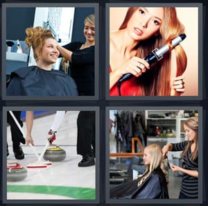 woman styling hair at hairdresser, woman with curly hair, game played like hockey, woman at salon getting hair done