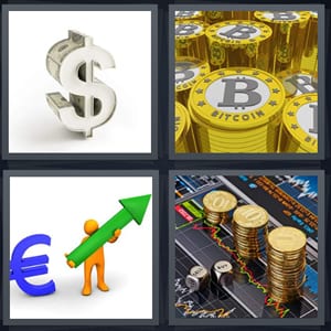 dollar sign, gold bitcoins, increasing arrow euro sign, stocks sell buy trade coins