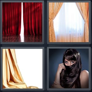 red stage drapes with light, drapes in window, gold fabric, woman with hair over face