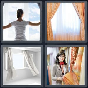 woman standing at open window, drapes around window, wind blowing through open window, woman picking out fabric